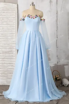 3D Flowers Sweetheart Off-the-shoulder Sky Blue Dress