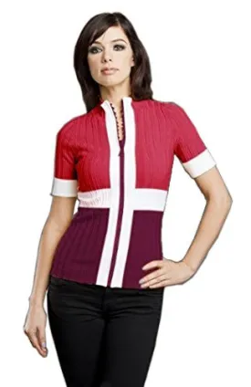 Belldini - Color Block, Maroon & White Mock Neck Cardigan with Sequins