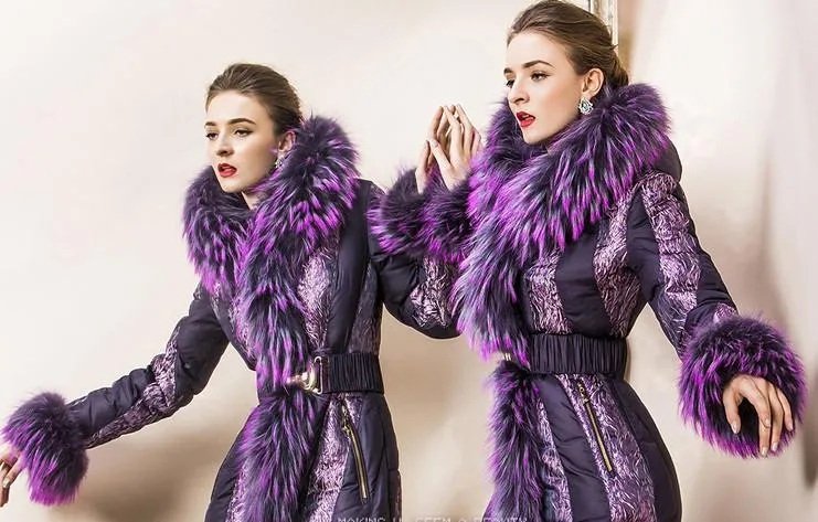 Belted Fur-Trimmed Down Coat in Purple