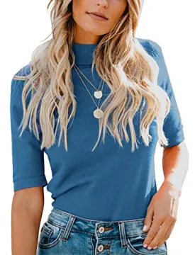 Blue Ladies Tops Dressy Casual Fall Cute Tops Mock Turtleneck Business White T Shirts - LIYOHON Womens Fall Fashion