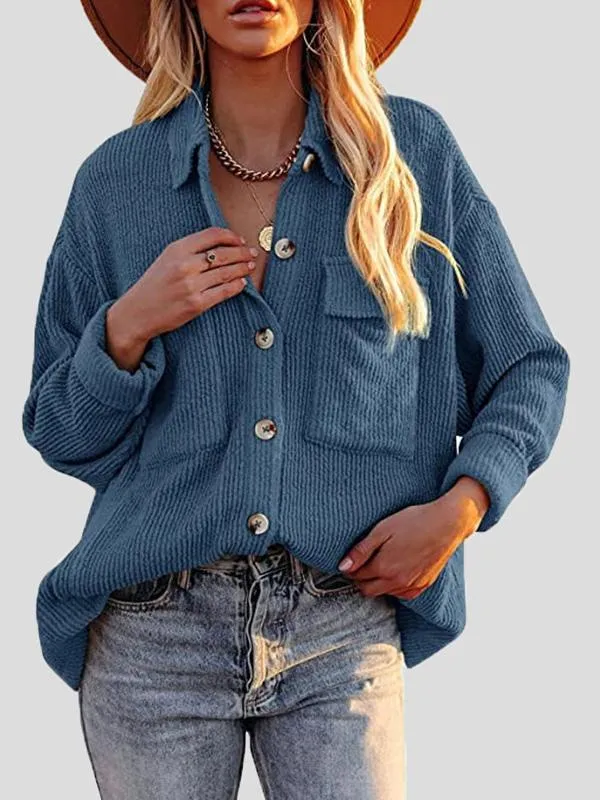 Button-Up Corduroy Long Sleeve Blouses with Pockets