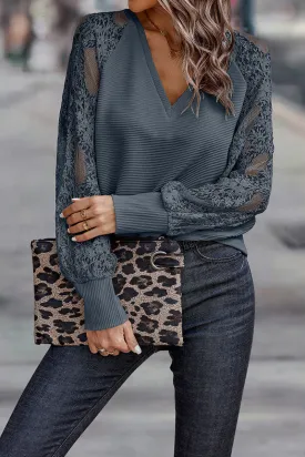 Casual Solid Lace V Neck Tops