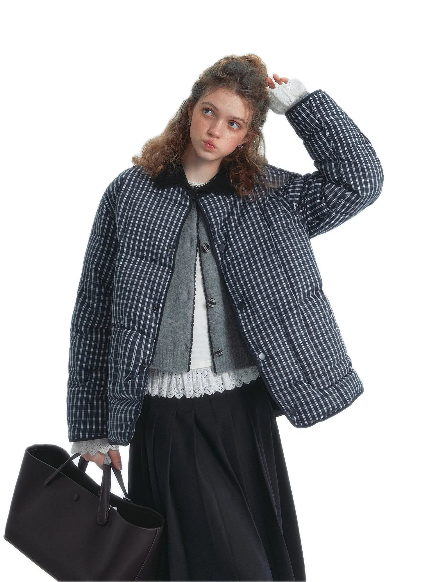 Checkered Collarless Quilted Colorblock Down Jacket