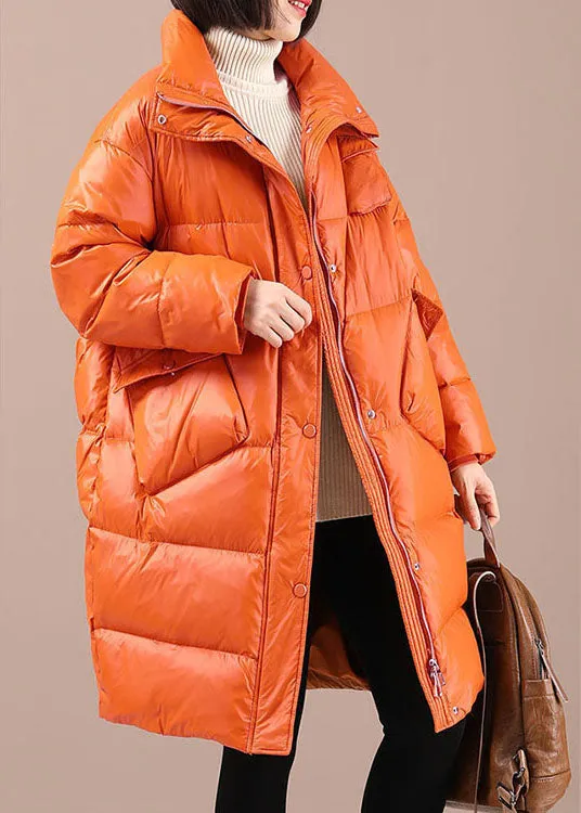 Chic Orange Loose Stand Collar Pockets Winter Duck Down Coats