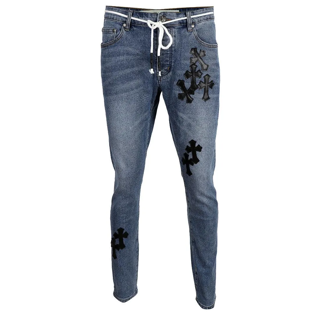 Chrome Luxurious Cross Patchwork Design Men's Denim Jeans- Blue