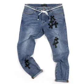 Chrome Luxurious Cross Patchwork Design Men's Denim Jeans- Blue