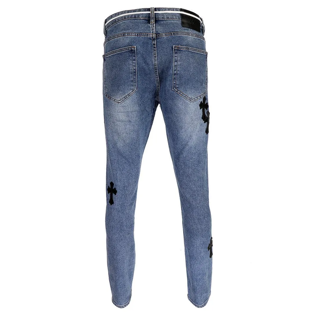 Chrome Luxurious Cross Patchwork Design Men's Denim Jeans- Blue