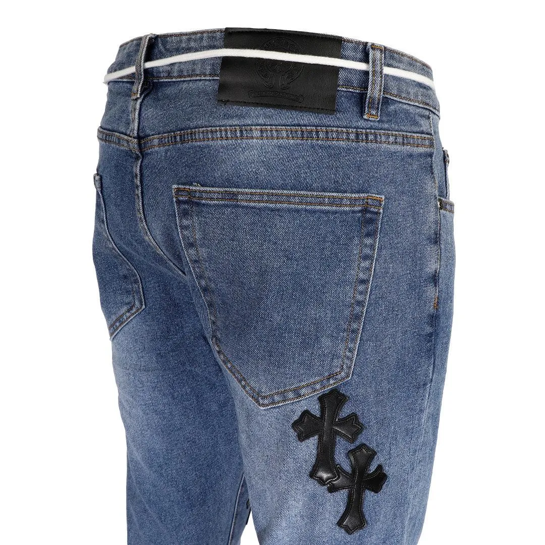 Chrome Luxurious Cross Patchwork Design Men's Denim Jeans- Blue