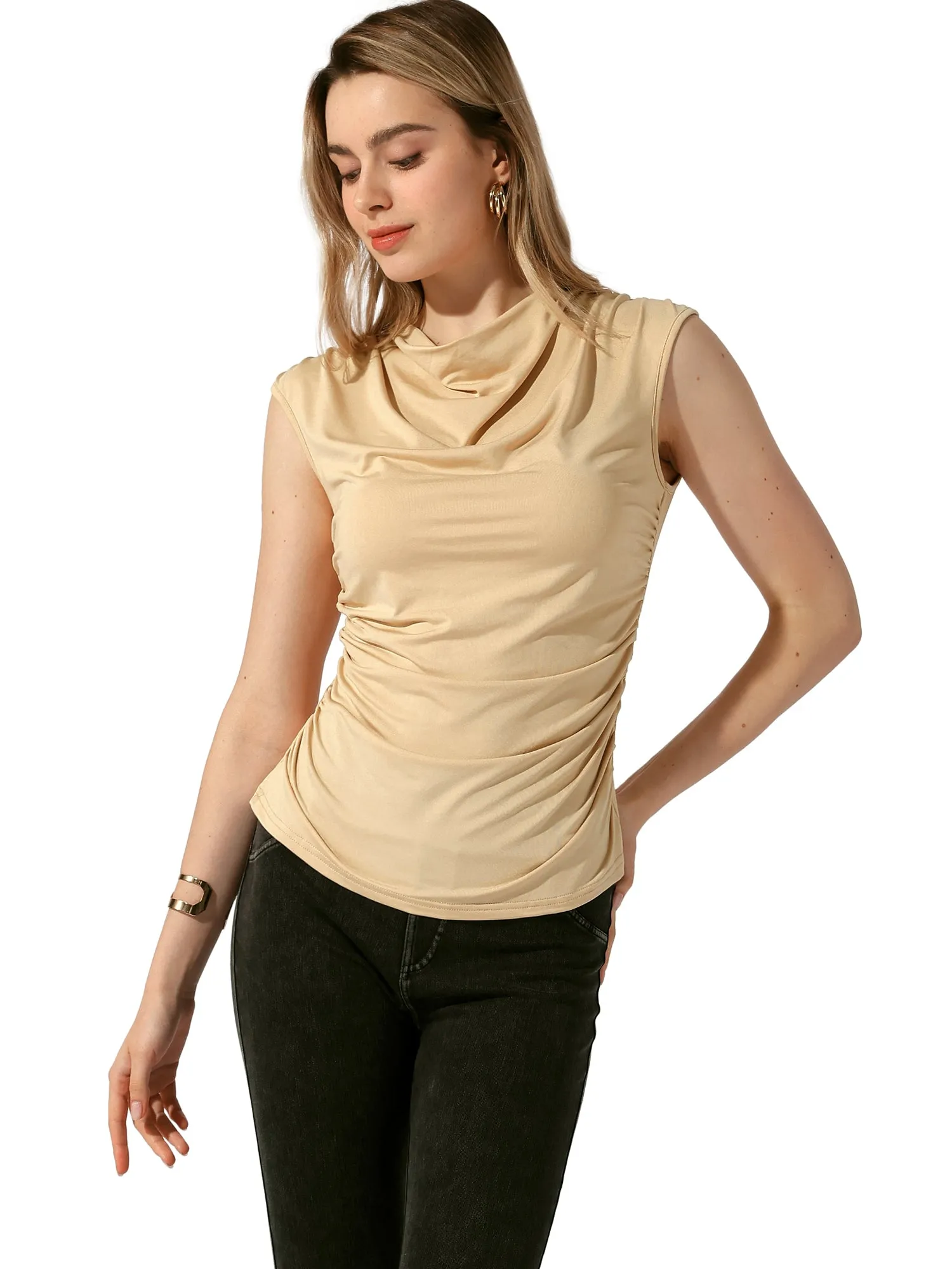 Cowl Neck Ruched Stretch Sleeveless Summer Casual Solid Tops