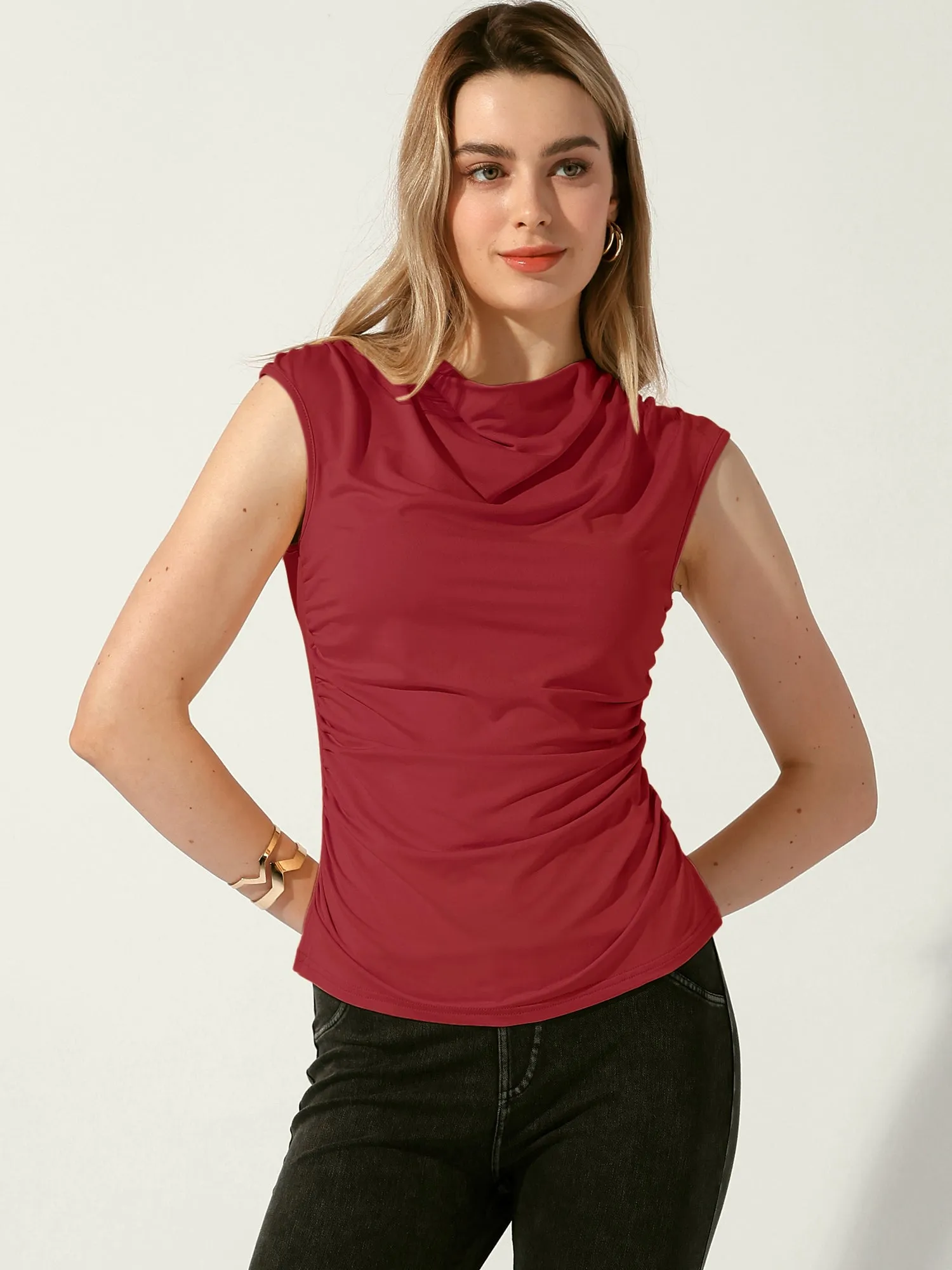 Cowl Neck Ruched Stretch Sleeveless Summer Casual Solid Tops