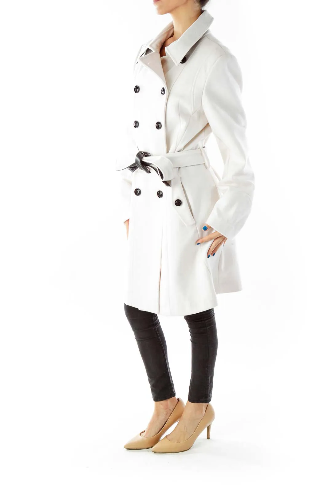 Cream Belted Double-Breasted Coat