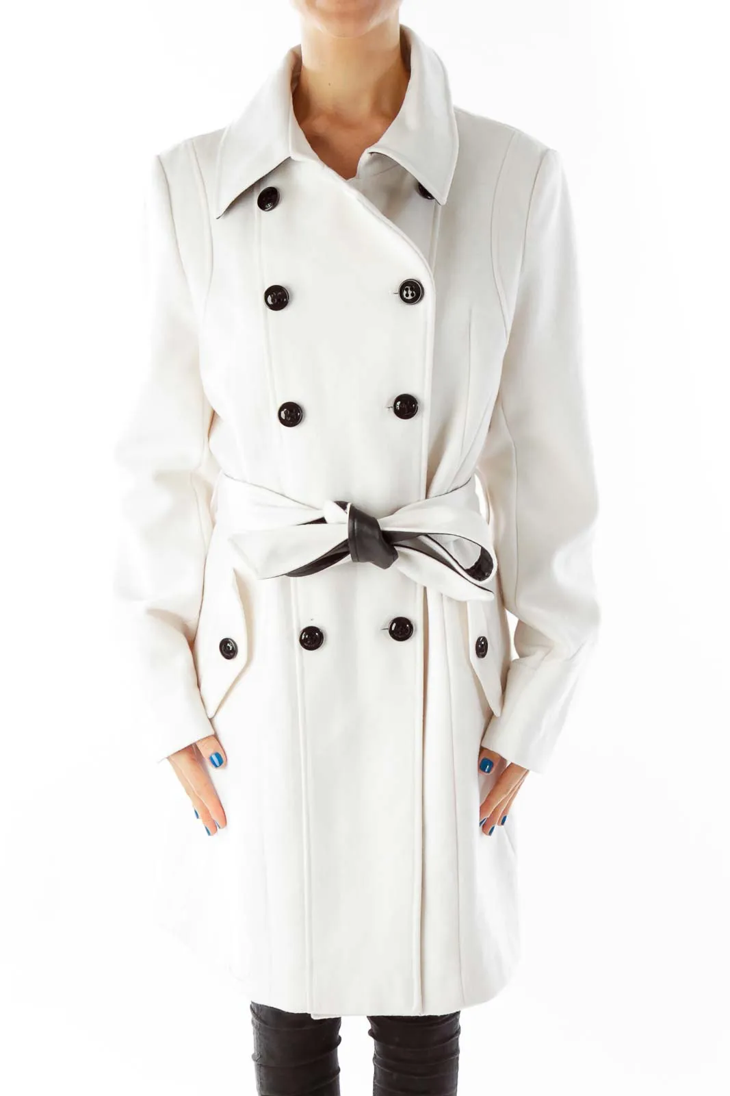 Cream Belted Double-Breasted Coat