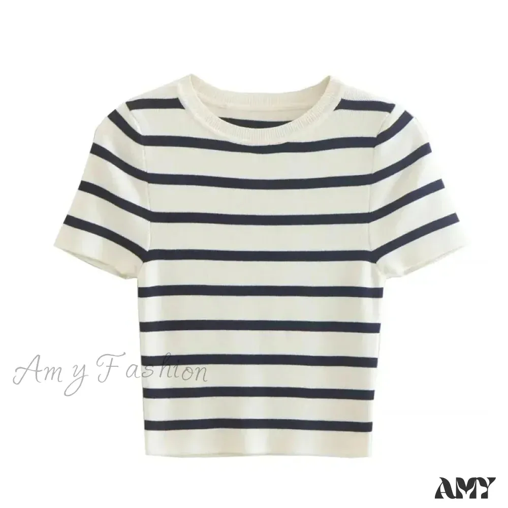 Crop Knit Striped Autumn Winter Short Sleeve Crop Top