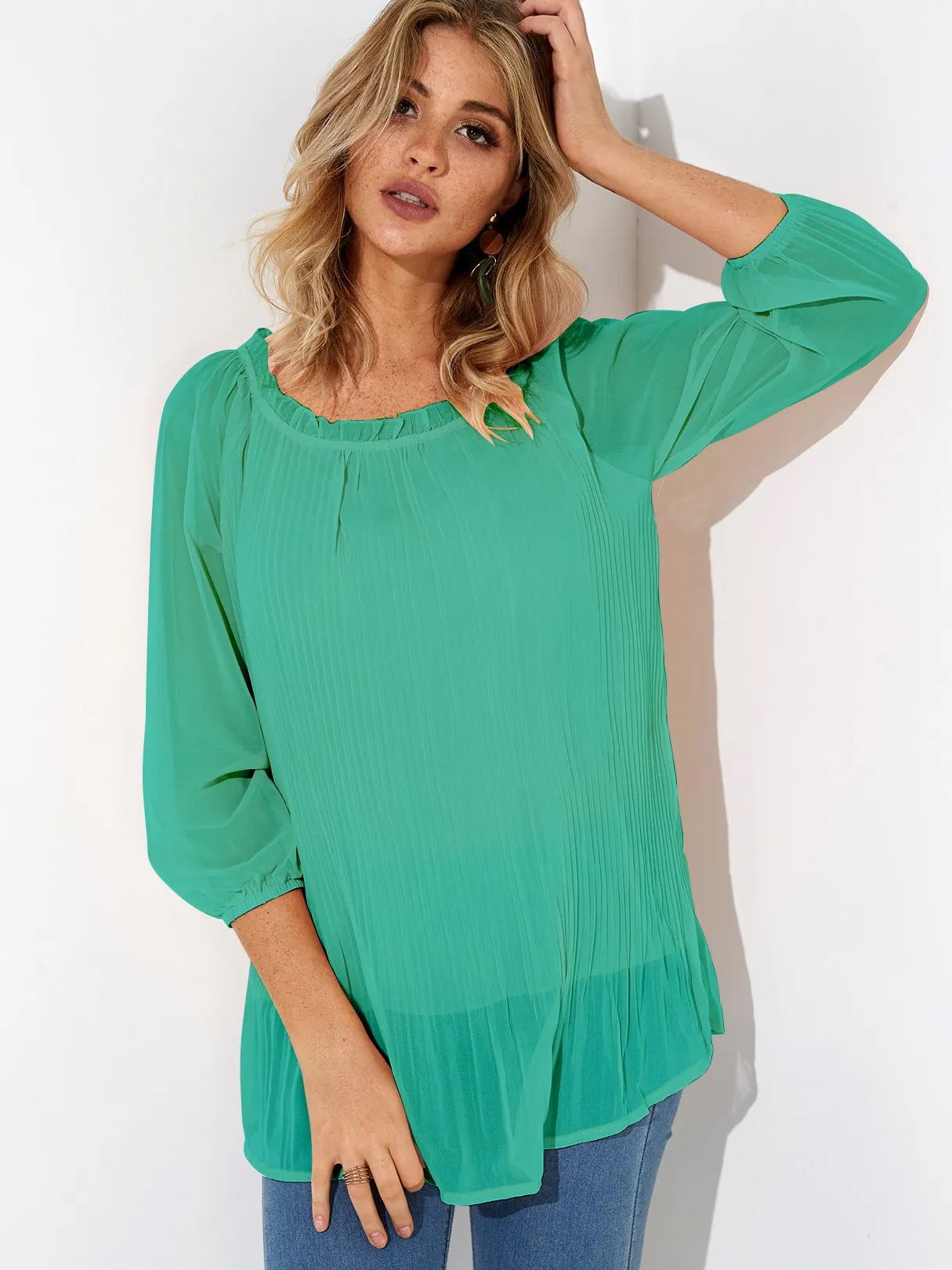 Custom Round Neck Pleated Long Sleeve Blouses