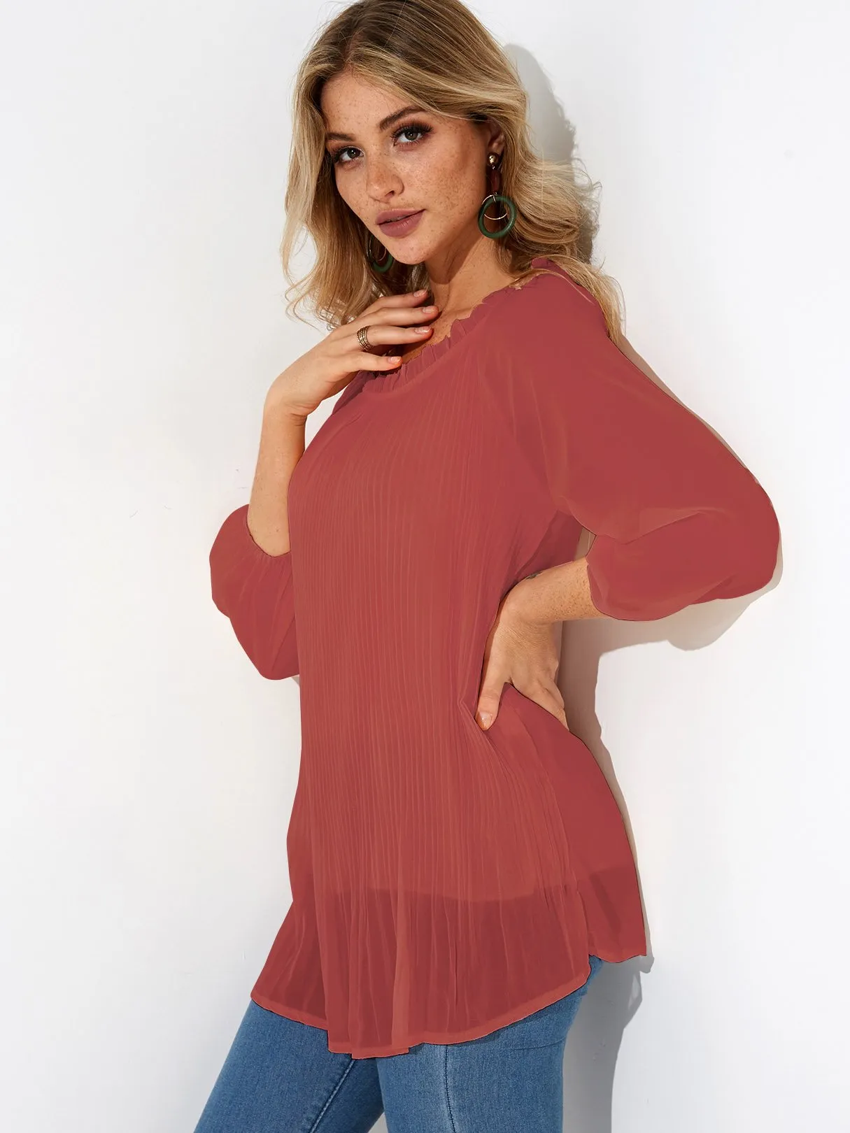 Custom Round Neck Pleated Long Sleeve Blouses