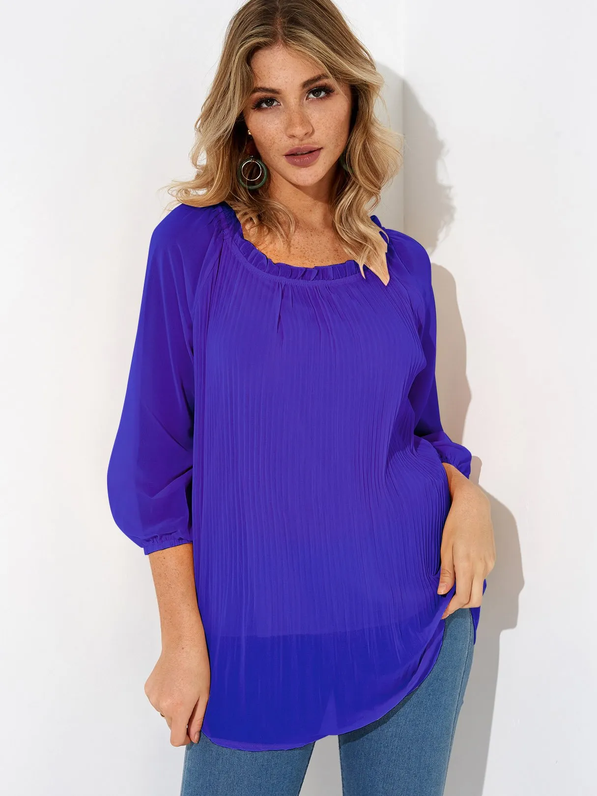 Custom Round Neck Pleated Long Sleeve Blouses