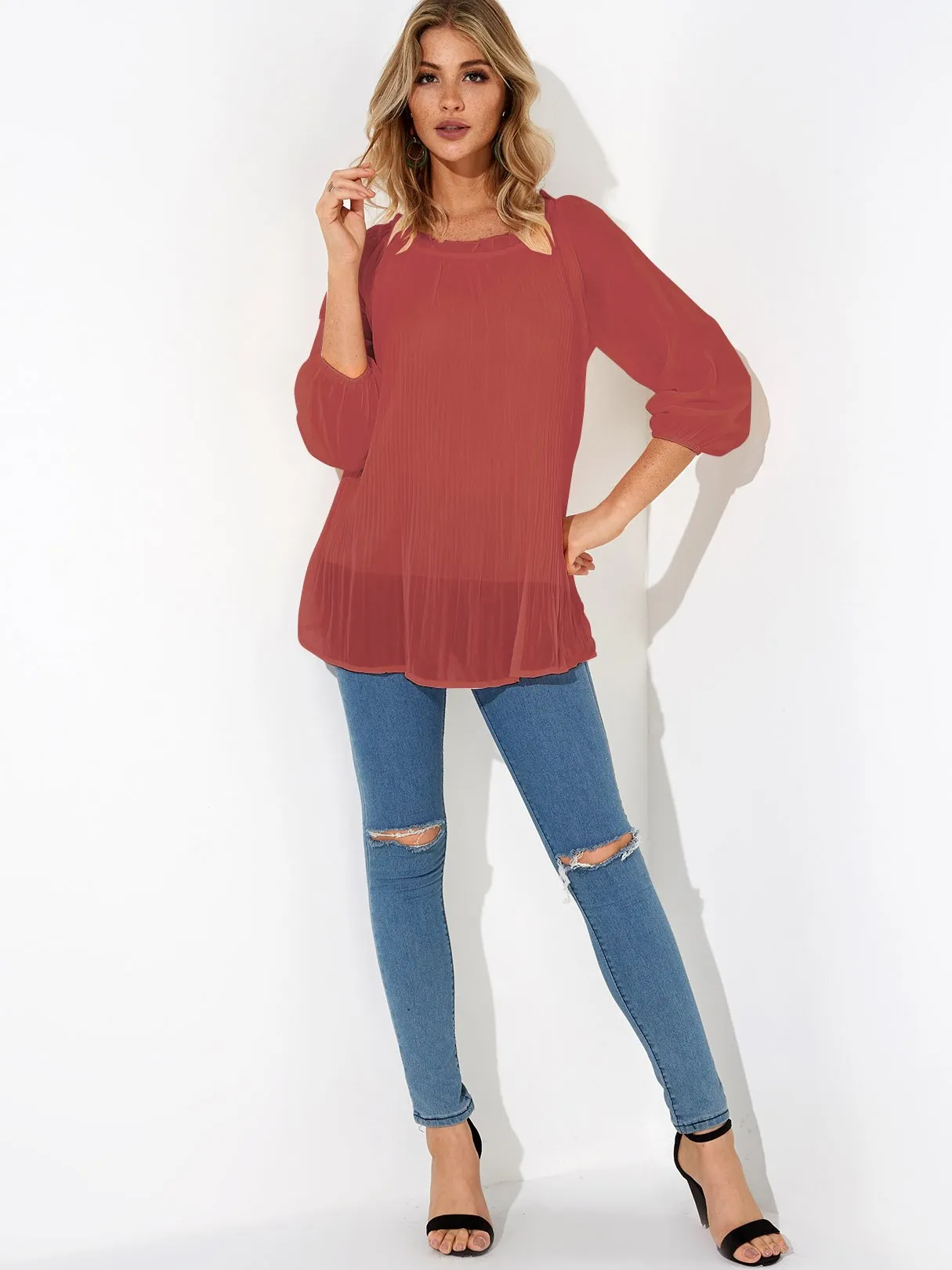 Custom Round Neck Pleated Long Sleeve Blouses