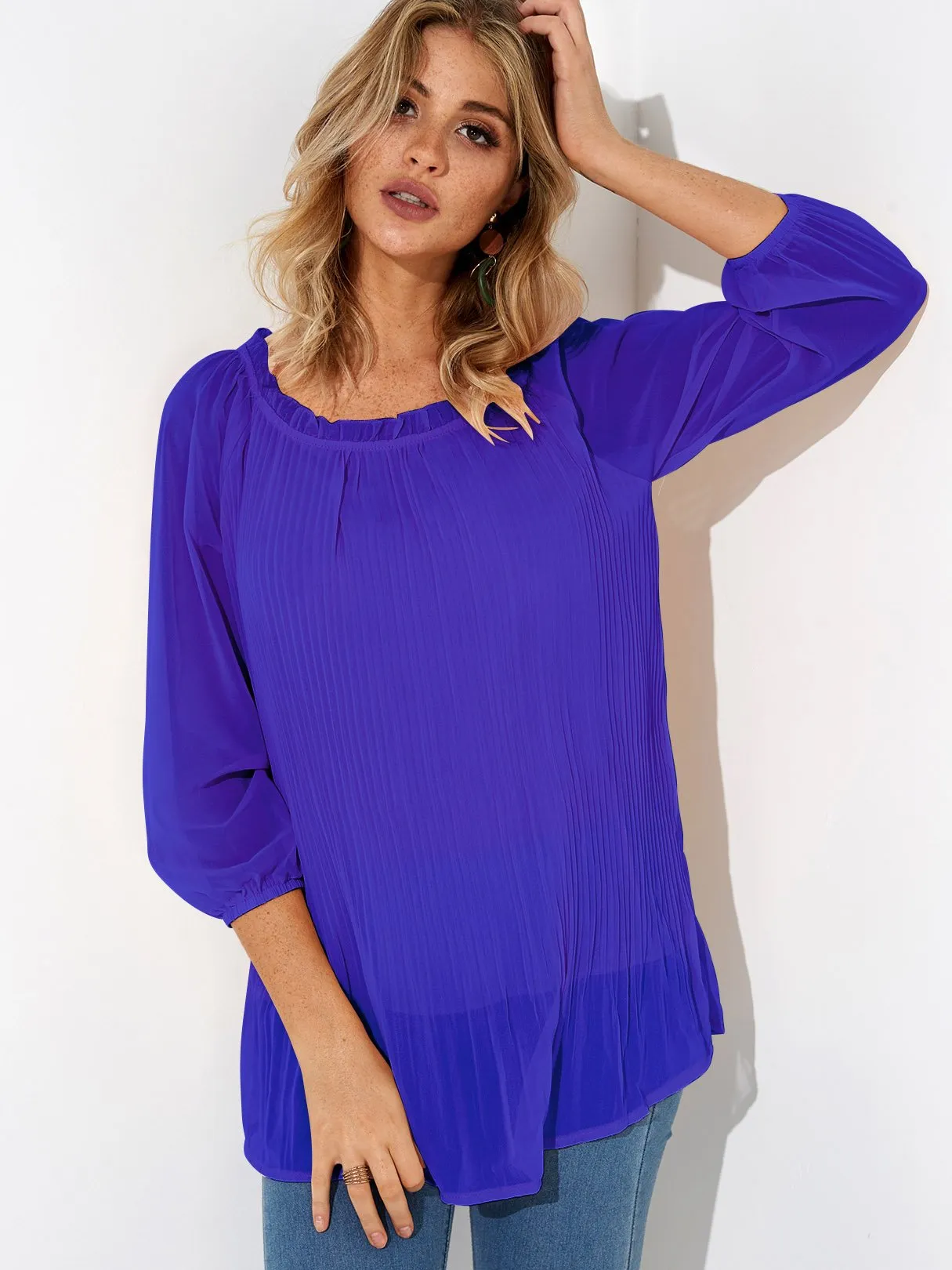 Custom Round Neck Pleated Long Sleeve Blouses