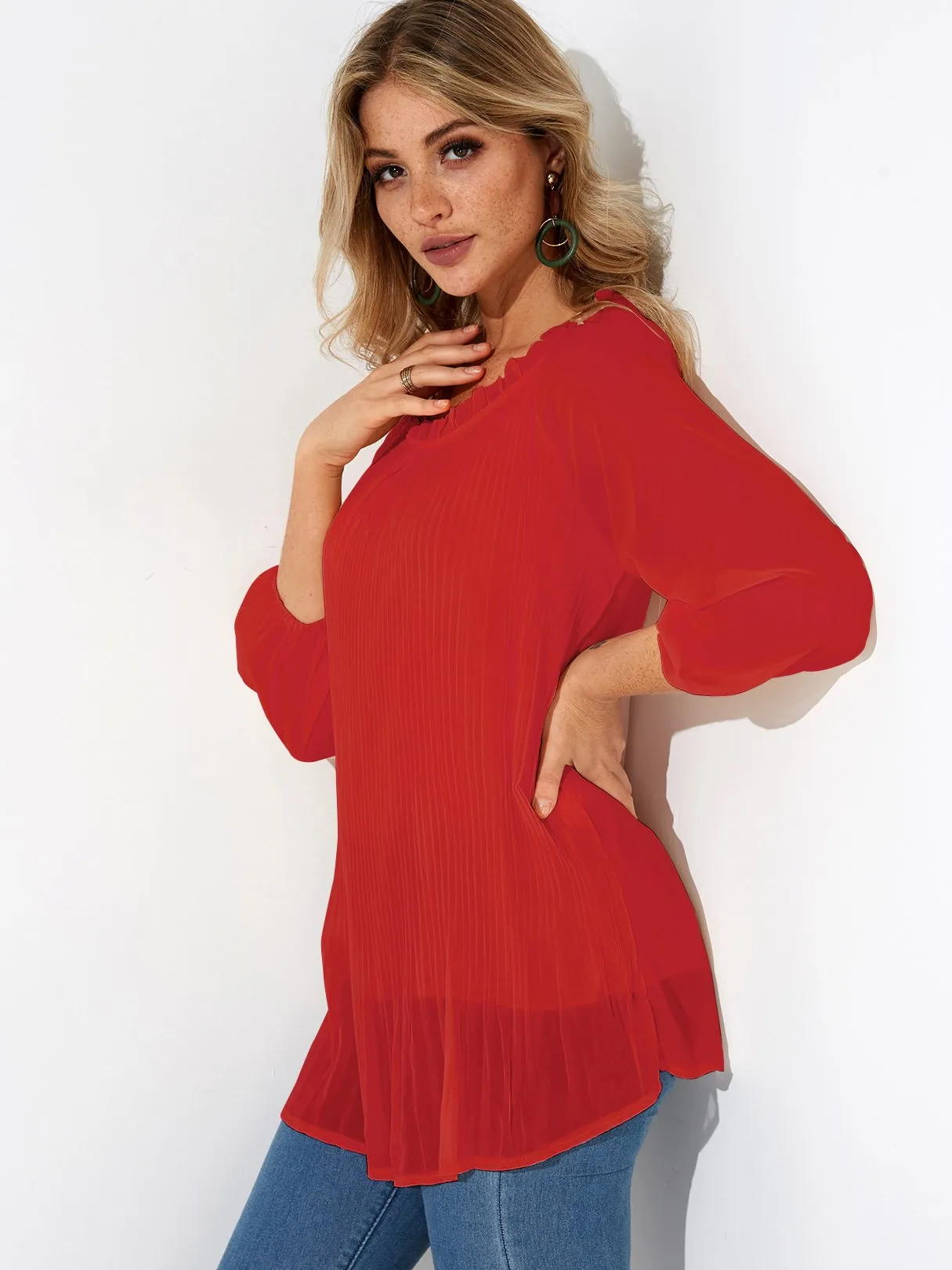 Custom Round Neck Pleated Long Sleeve Blouses