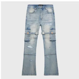 Distressed Strap Cargo Flare Denim Light Wash