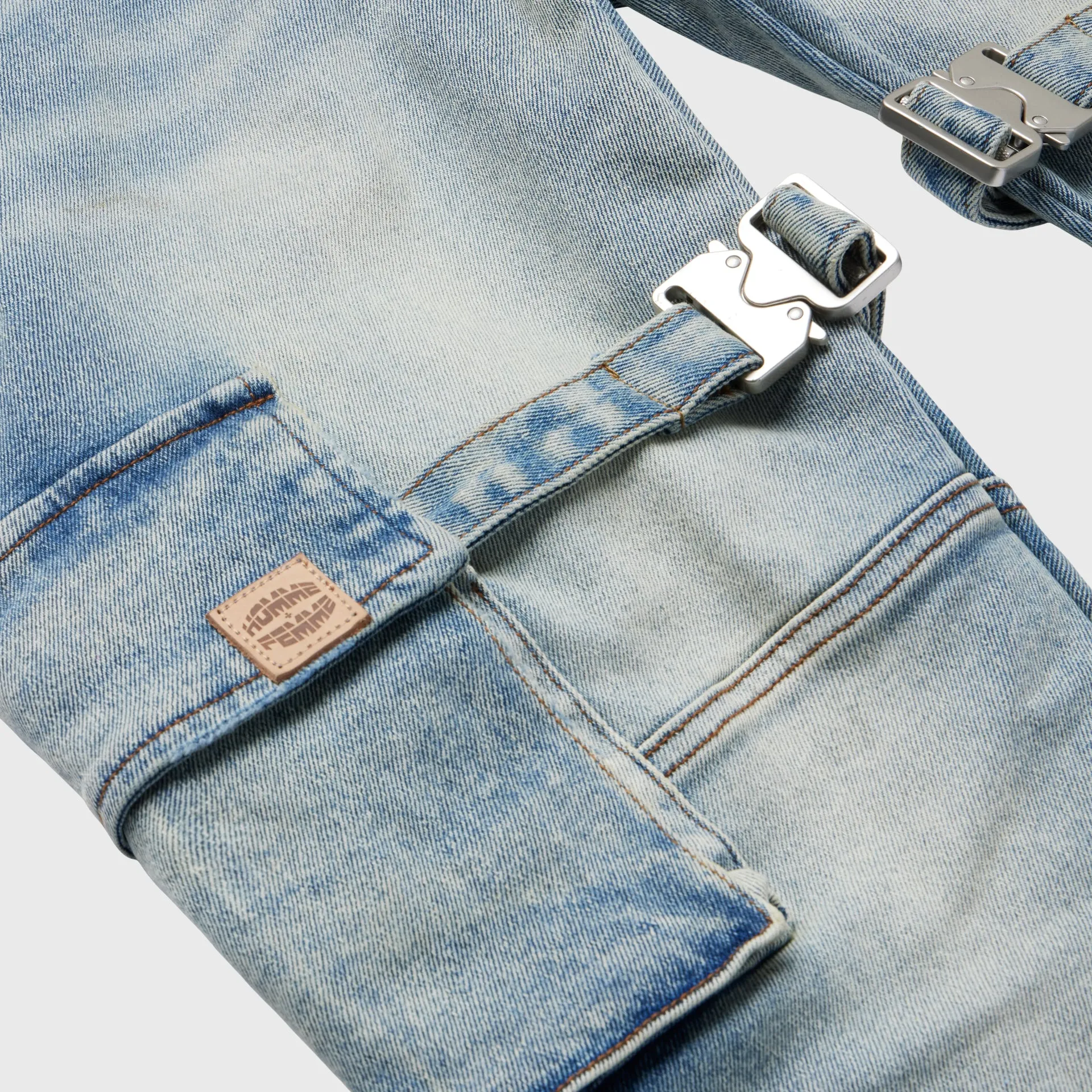 Distressed Strap Cargo Flare Denim Light Wash