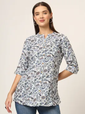 Divena Blue Printed Rayon Fabric Shirt Style Top