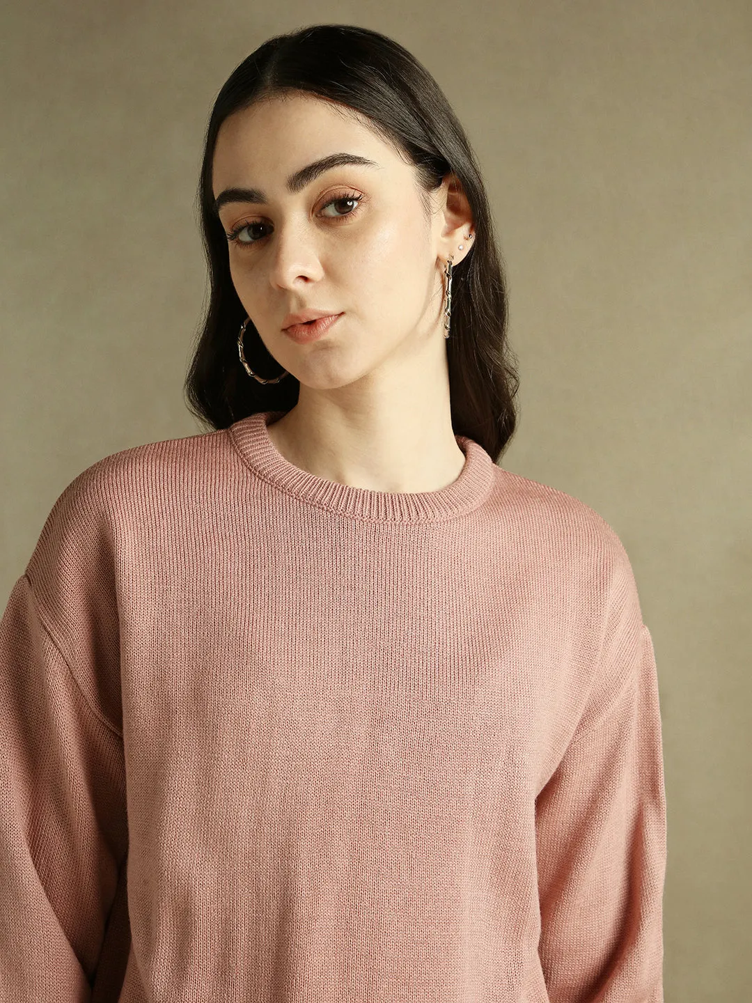 DL Woman Round Neck Solid Pink Full Sleeves Pullover Sweater