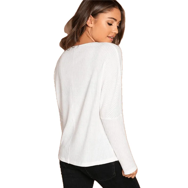 Elegant Casual White Solid Rib-Knit Tee Plain Round Neck Long Sleeve Stretchy For Women