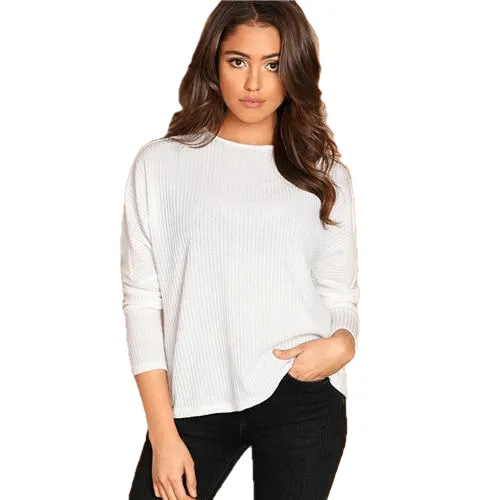 Elegant Casual White Solid Rib-Knit Tee Plain Round Neck Long Sleeve Stretchy For Women