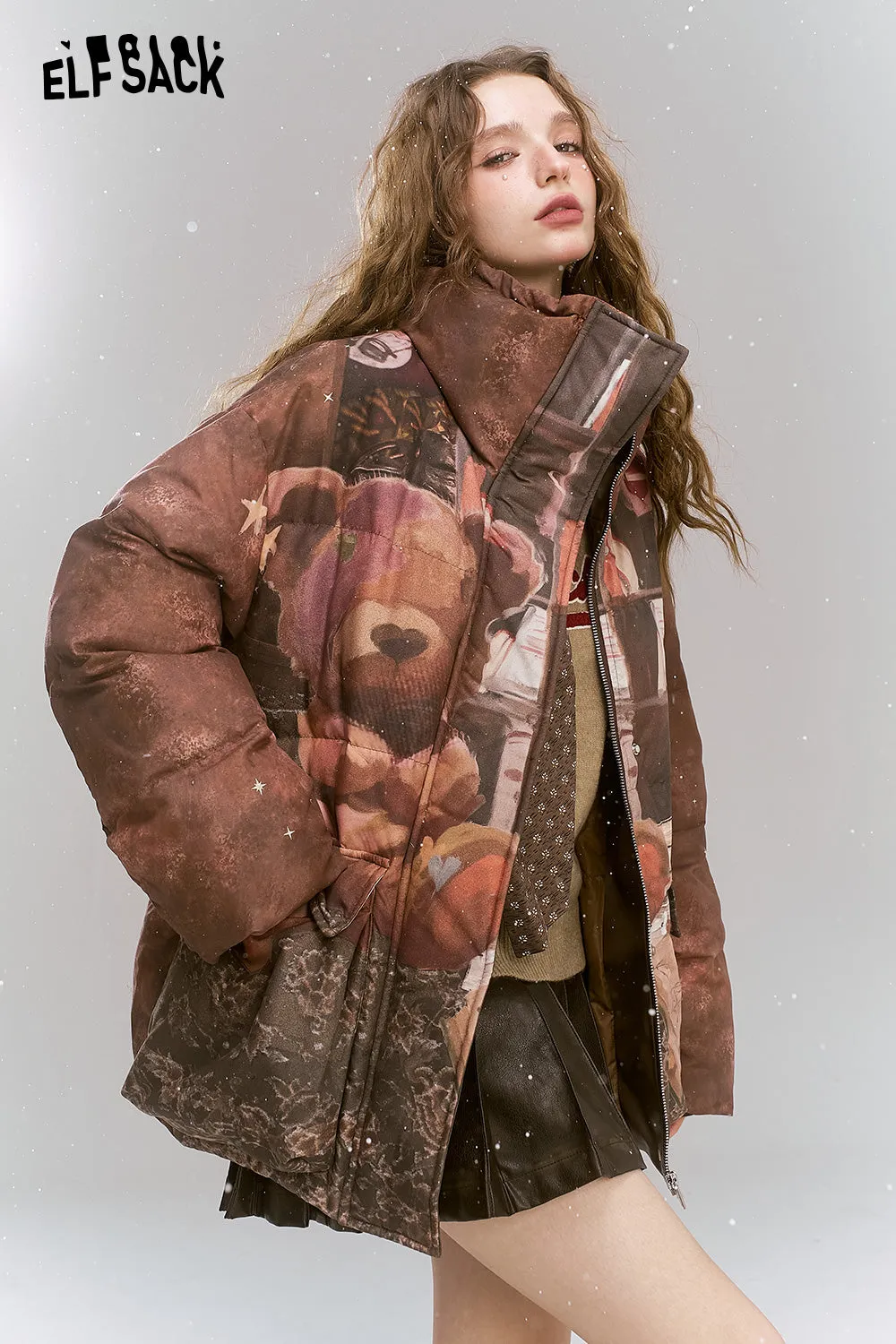 ELFSACK 2024 Winter New Arrivals Maillard retro printed short standing collar warm down jacket