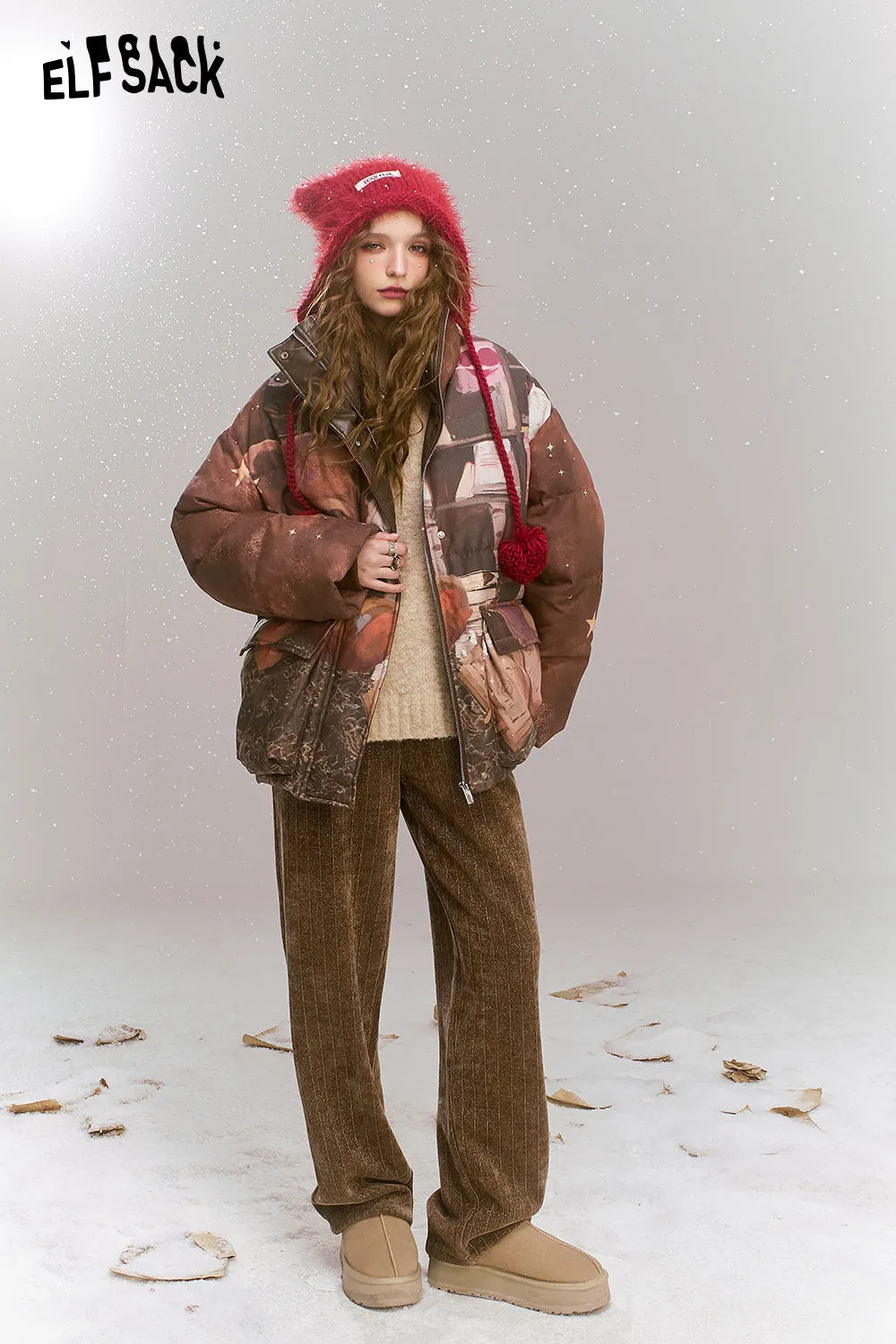 ELFSACK 2024 Winter New Arrivals Maillard retro printed short standing collar warm down jacket