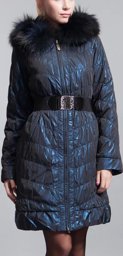 Fur-Hooded Paneled Down Coat, Blue