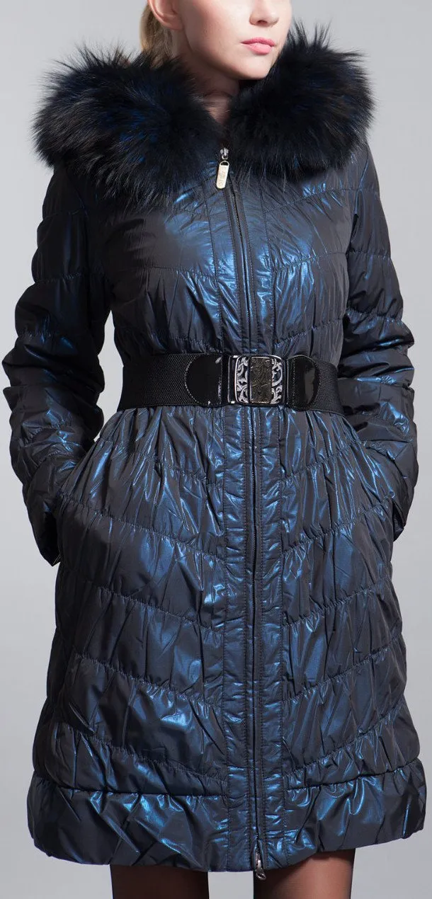 Fur-Hooded Paneled Down Coat, Blue