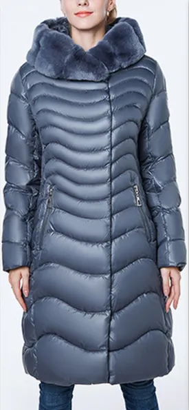 Fur Hooded Wave Puffer Coat, Grey/Blue