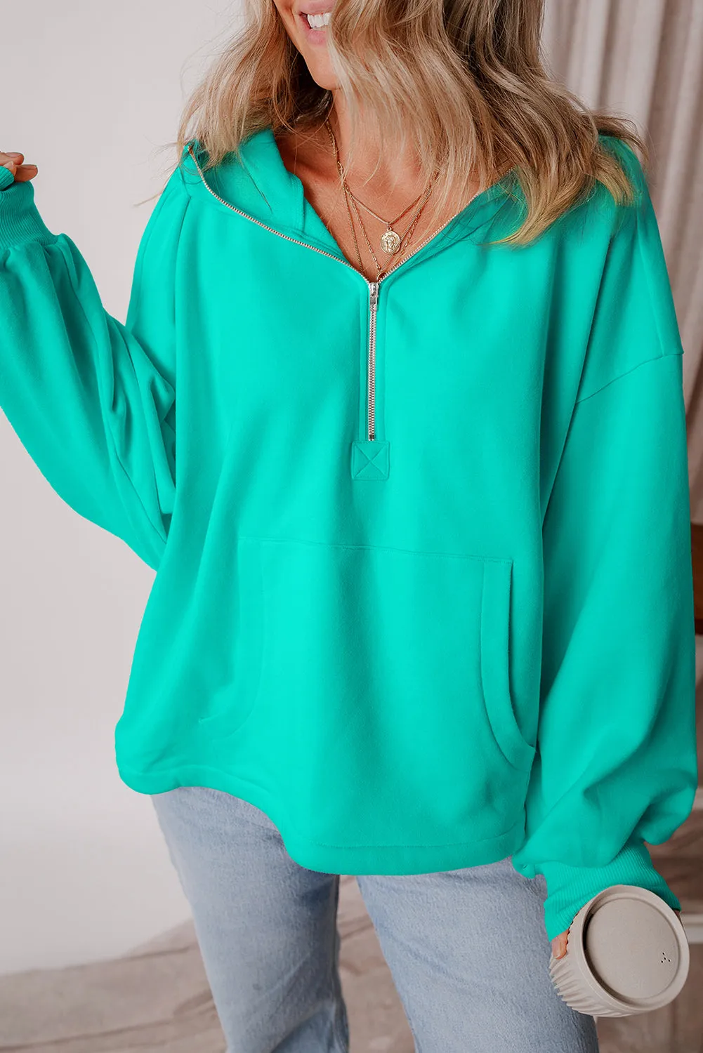 Half Zipper Kangaroo Loose Hoodie