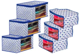 Heart Home Dot Printed Foldable, Lightweight Non-Woven Blouse & Saree Cover/Organizer Set With Tranasparent Window- Pack of 6 (Blue)-46HH0469