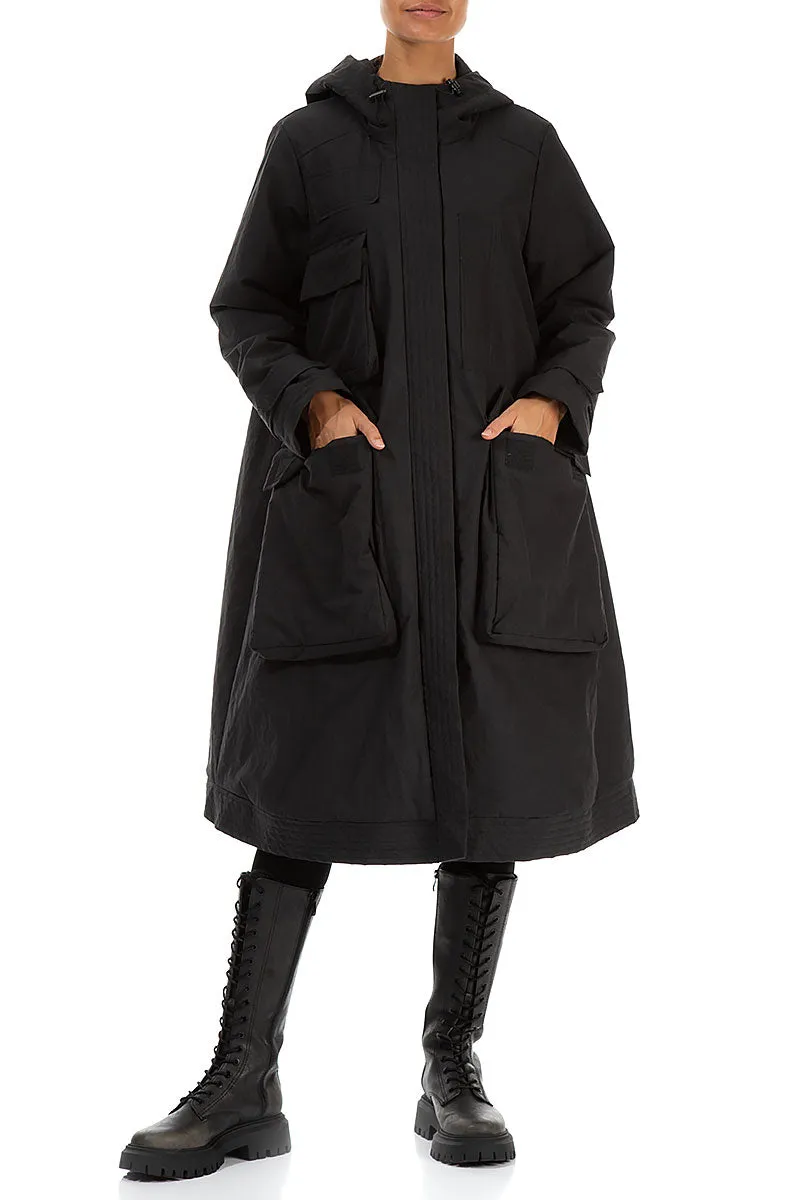 Hooded Black Cotton Coat