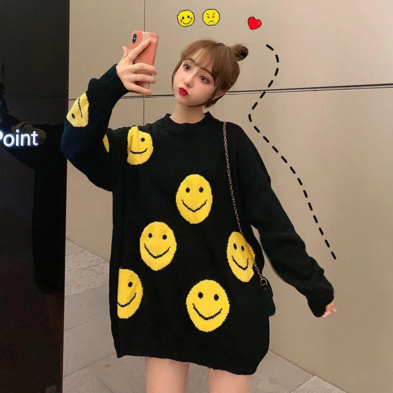 Joskaa Christmas Gift Women Casual Cartoon Pullover Sweater Female 2024 Autumn Winter Retro Jumper Women Oversized Korean Print Long Knitted Sweater