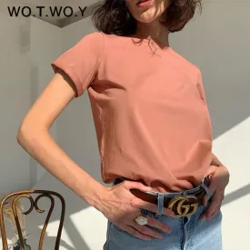 Joskaa Christmas Gift WOTWOY Casual Cotton Basic T-shirt Women Loose Short Sleeve Knitted Tee Shirts Female Solid Tees Ladies Summer Tops Harajuku New