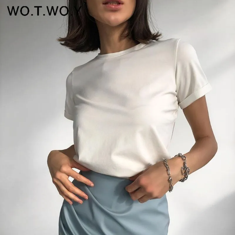 Joskaa Christmas Gift WOTWOY Casual Cotton Basic T-shirt Women Loose Short Sleeve Knitted Tee Shirts Female Solid Tees Ladies Summer Tops Harajuku New