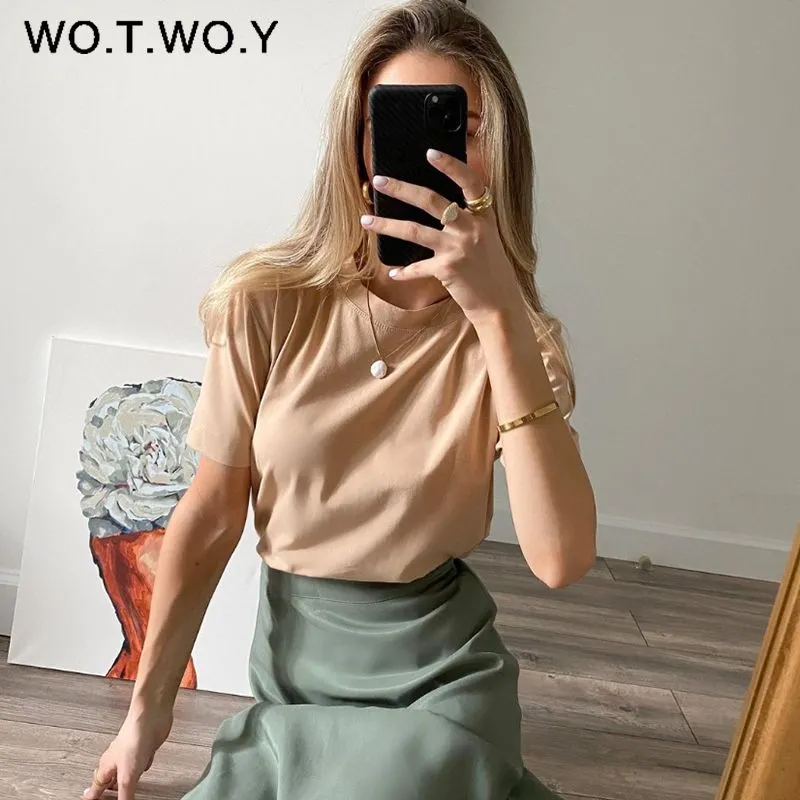 Joskaa Christmas Gift WOTWOY Casual Cotton Basic T-shirt Women Loose Short Sleeve Knitted Tee Shirts Female Solid Tees Ladies Summer Tops Harajuku New