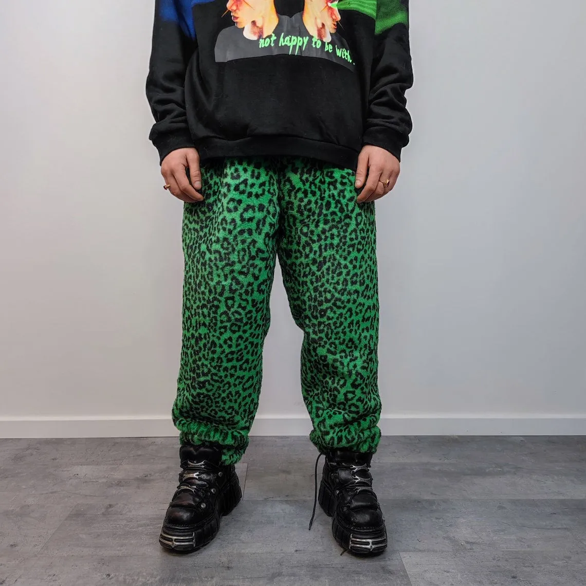 Leopard faux fur joggers winter raver pants fluffy animal print trousers skiing fleece overalls festival bottoms burning man pants in green