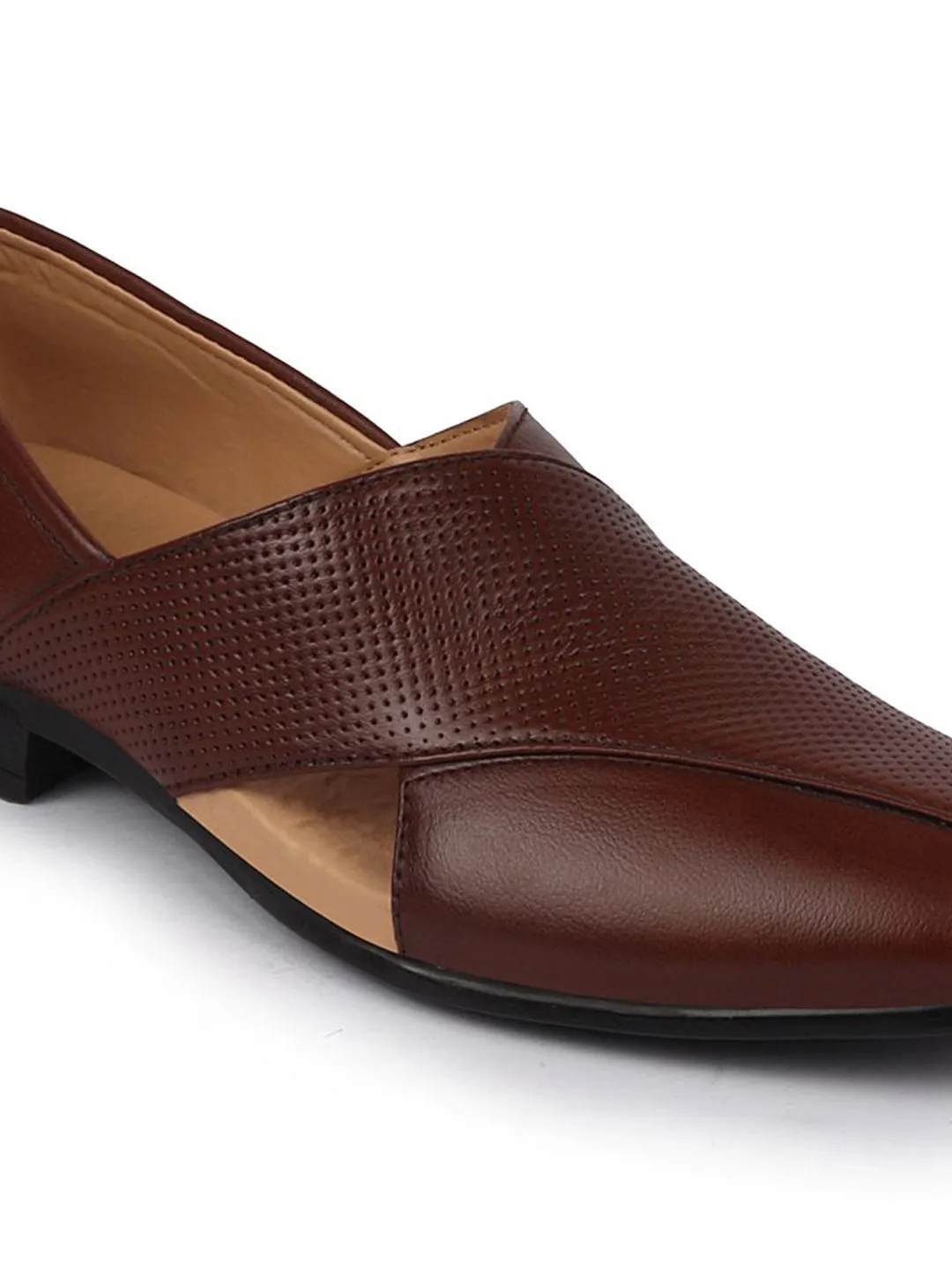 Men Formal Tan Peshawari Front Open Leather Slip On Shoes