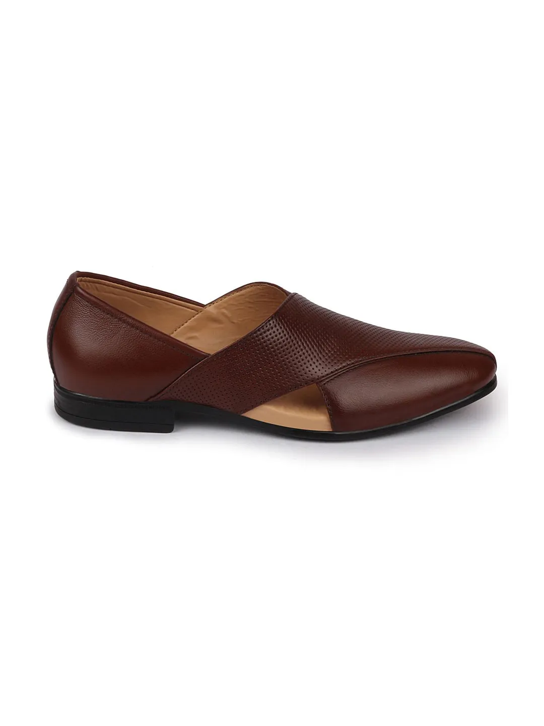 Men Formal Tan Peshawari Front Open Leather Slip On Shoes