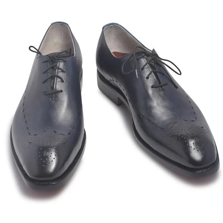 Men Two Tone Navy Blue Brogue Leather Shoes with Laces