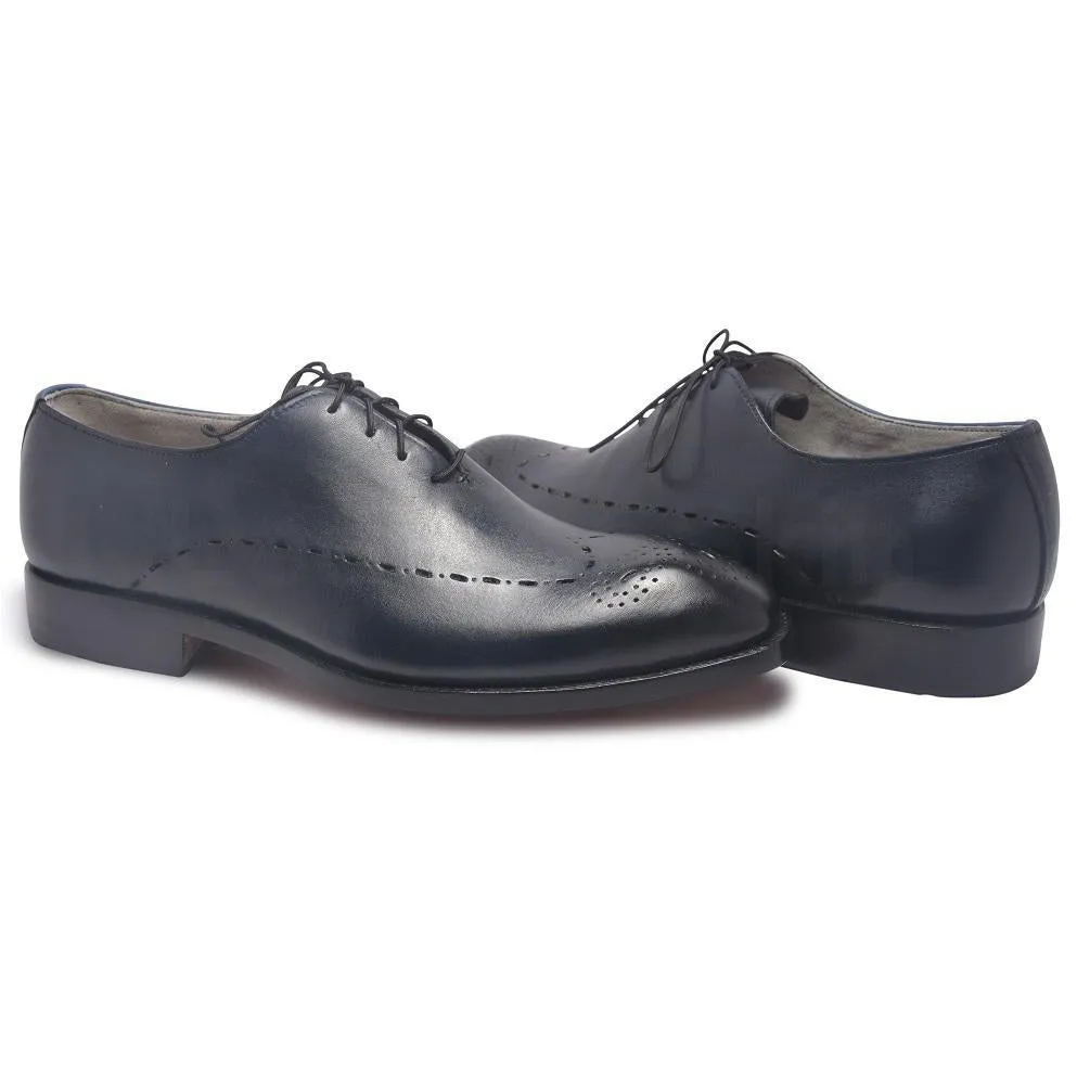 Men Two Tone Navy Blue Brogue Leather Shoes with Laces