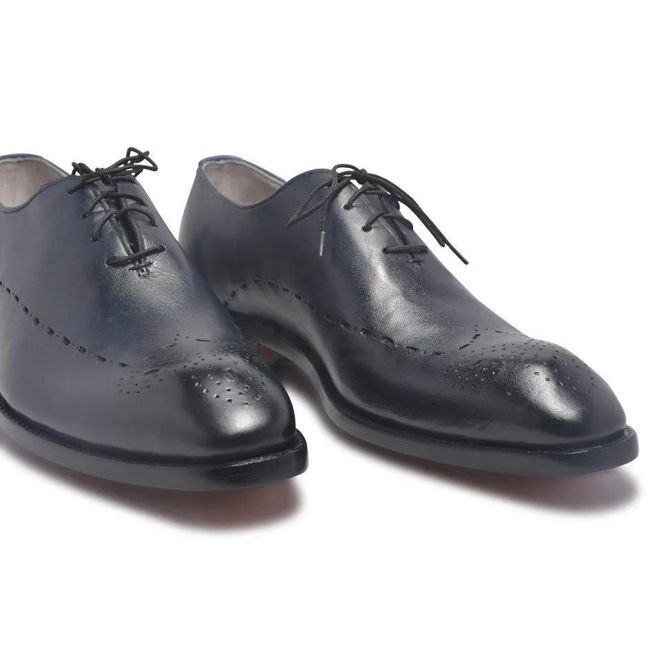 Men Two Tone Navy Blue Brogue Leather Shoes with Laces