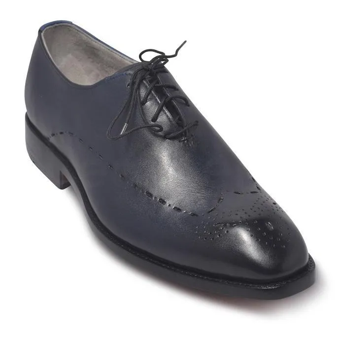 Men Two Tone Navy Blue Brogue Leather Shoes with Laces