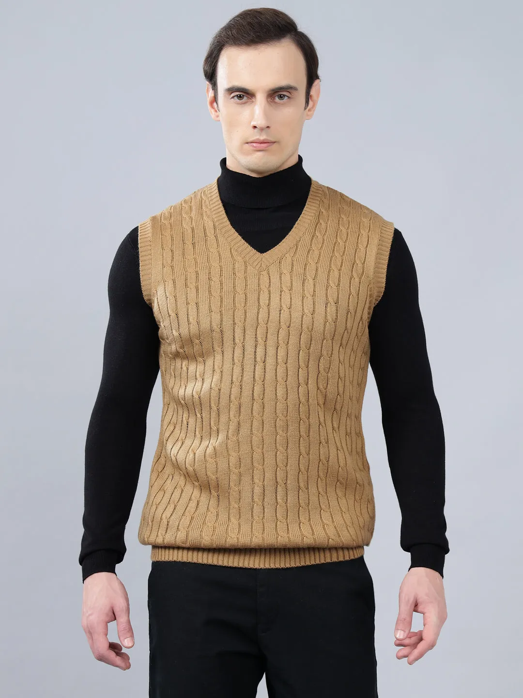 Men's Jacquard Khaki Sleeveless Sweater