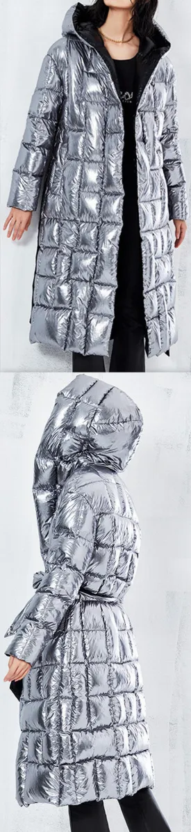 Metallic Silver & Black Reversible Puffer Coat